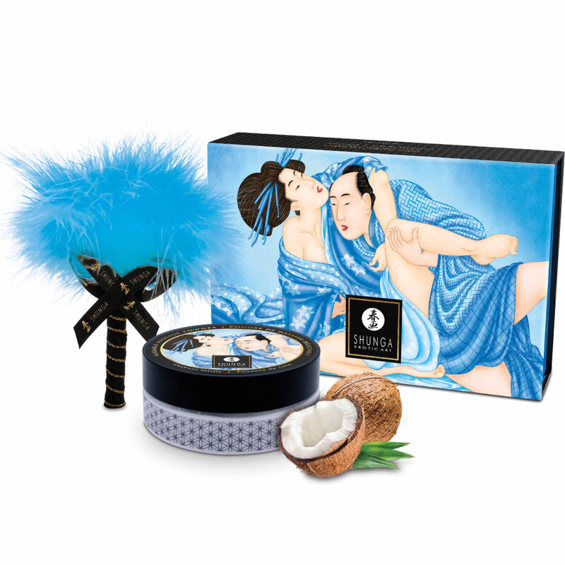 Shunga edible body powder set with blue feather tickler and coconut fragrance, featuring artistic packaging.