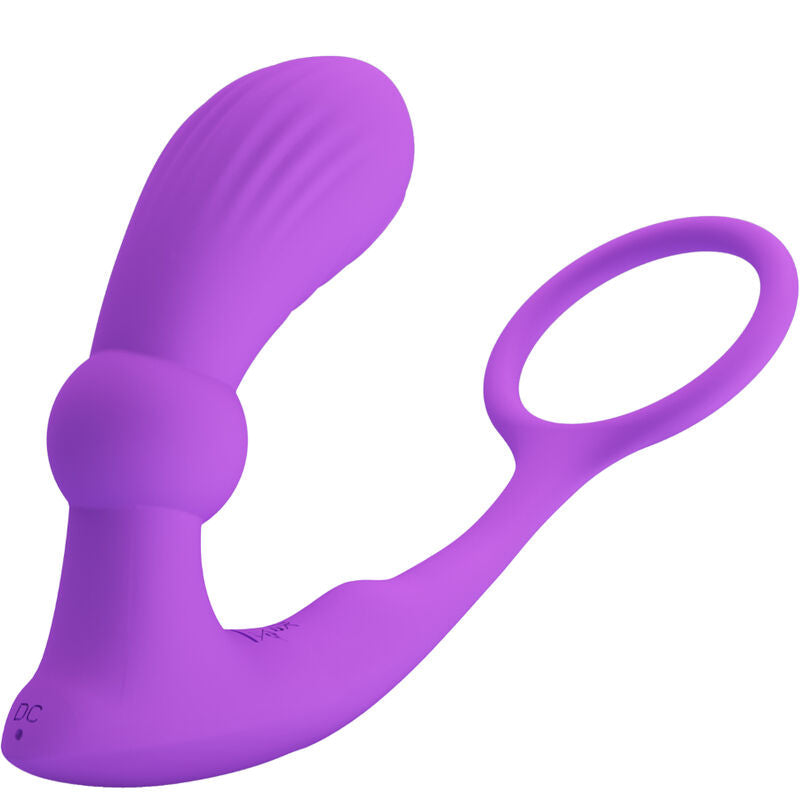 Purple vibrating ring with plug attachment for intimate pleasure.