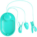 Electro stimulation device with teal color, featuring dual adjustable clamps and intensity settings for therapeutic use.