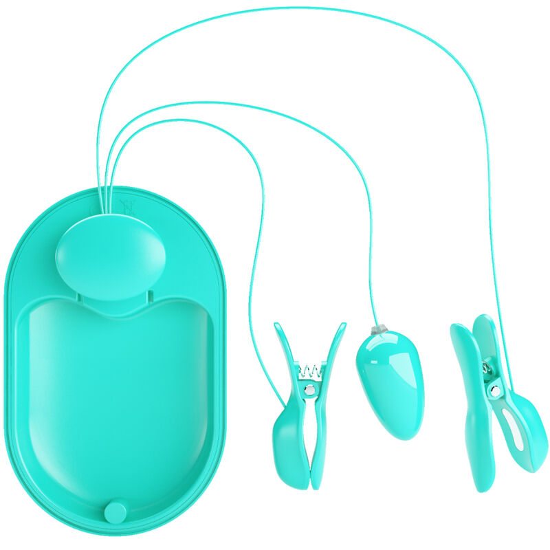Electro stimulation device with teal color, featuring dual adjustable clamps and intensity settings for therapeutic use.