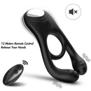 Black silicone cock ring with remote control, featuring 12-meter range for hands-free operation.