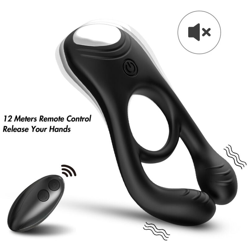 Black silicone cock ring with remote control, featuring 12-meter range for hands-free operation.