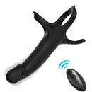 Black vibrating cock ring with remote control, ergonomic design, enhances intimacy