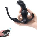 Black ergonomic prostate massager with remote control held in hand for versatile pleasure and ease of use.