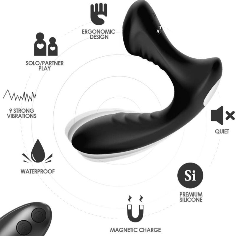 Ergonomic black prostate massager with 9 vibrations, waterproof, quiet, magnetic charge, and premium silicone for solo or partner play.