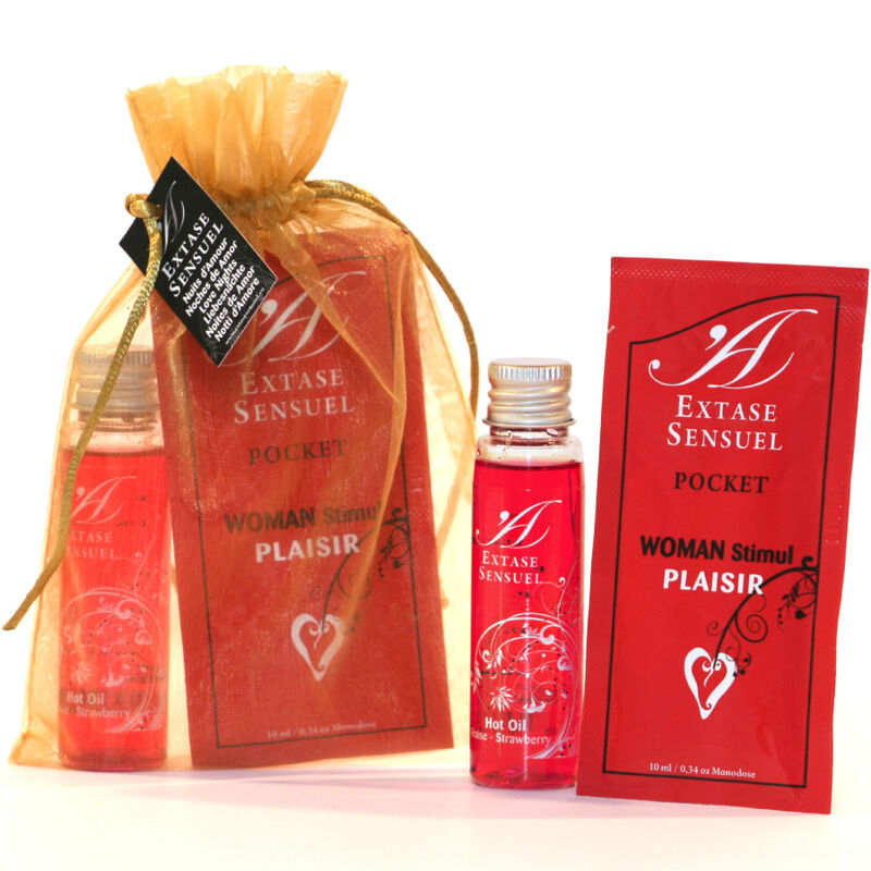 Alt Tag: Extase Sensuel Pocket collection featuring hot oil and woman stimulant plaisir in red packaging, displayed with gift pouch.