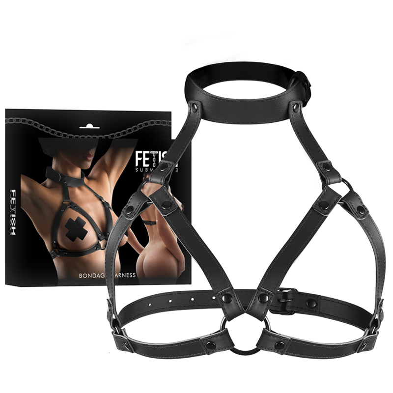 Leather bondage harness with packaging featuring person modeling the harness, suitable for adult role play and costume accessories.