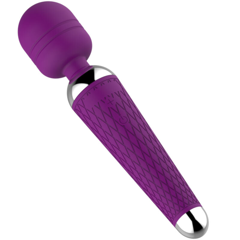 Purple wand vibrator with textured grip and metallic accents.