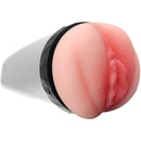 Realistic vibrating vagina sleeve with textured detail on a black and white base, designed for enhanced pleasure and stimulation.
