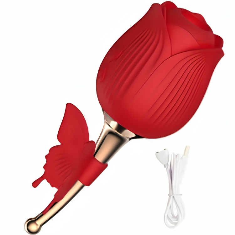 Red rose-shaped air stimulator with a butterfly accent and USB charging cable, non-vibrating design for gentle use.
