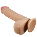 Detailed view of a realistic silicone dildo with textured skin, showcasing a lifelike design for enhanced user experience.