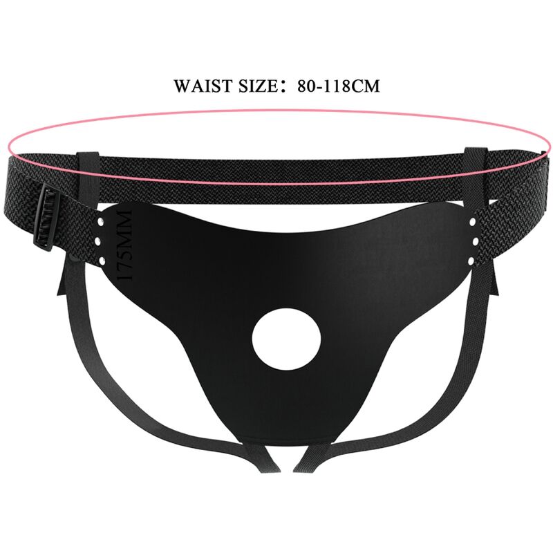 Adjustable black harness belt with waist size 80-118cm, featuring durable straps and front hole, perfect for accessories.