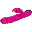 Pink rotator and vibrator with ribbed design and rabbit ears for personal pleasure.