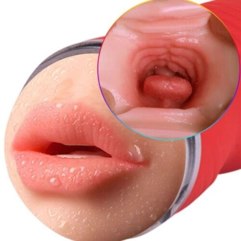 Close-up of a realistic mouth masturbator with lifelike texture and detailed interior, designed for adult personal use.