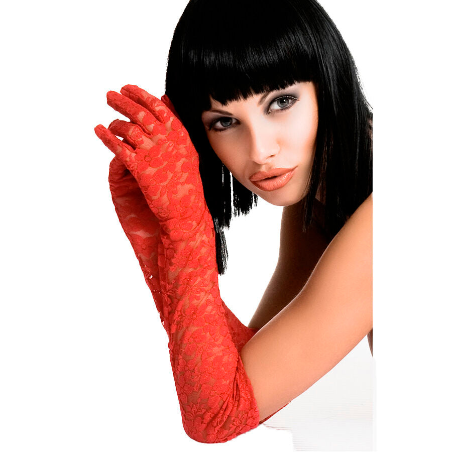 Elegant model wearing long red lace lingerie gloves, displaying a chic and sophisticated fashion statement.