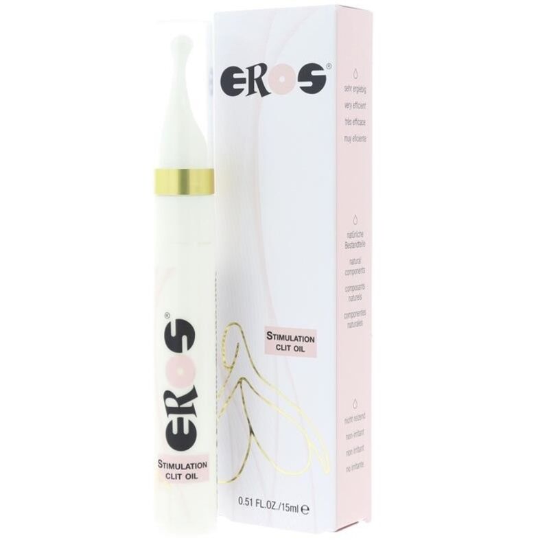 EROS Stimulation Clit Oil packaging, 0.51 FL OZ/15ml size, designed for enhancing massage experiences.