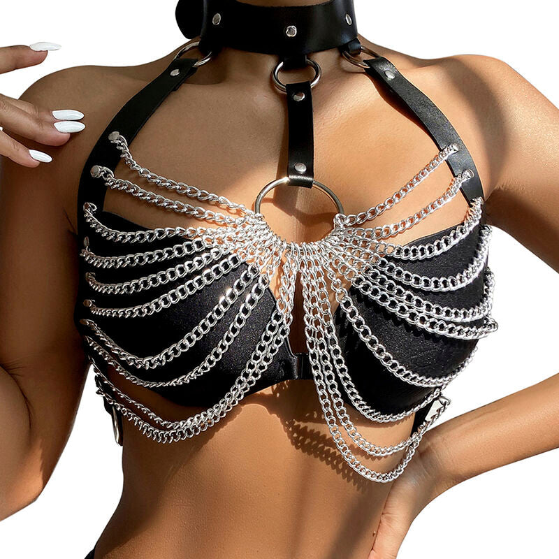 Stylish body harness with leather straps and layered silver chains, perfect for edgy fashion looks.