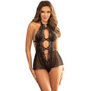 Black lace bodysuit with floral patterns and sheer panels showcasing elegant design.
