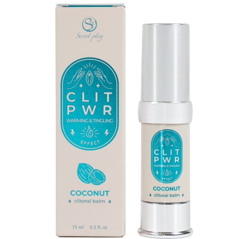 Coconut clitoral balm with warming and tingling effect, Secret Play packaging and bottle with blue accents.