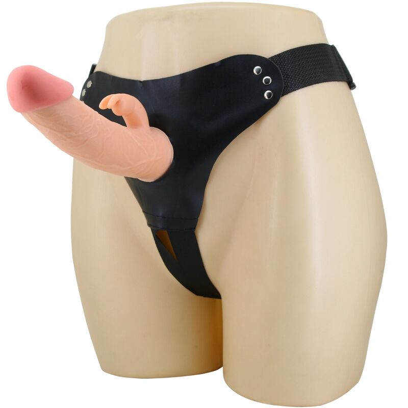 Adjustable harness with realistic strap-on and harness for intimate experiences.