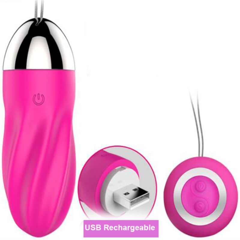 Pink USB rechargeable vibrating bullet with remote control.