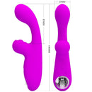 Purple dual vibrating massager with ergonomic design and dimensions displayed.