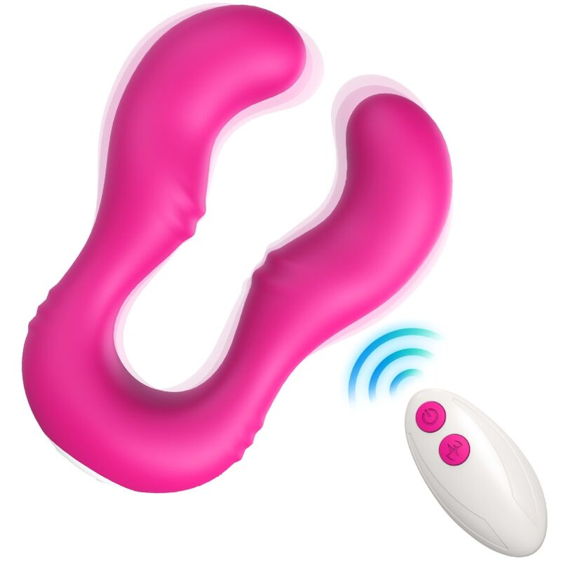 Pink vibrating massager with wireless remote control for personal use.