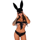 Model wearing lace panties and a bunny mask with a satin top, showcasing a playful and alluring look.