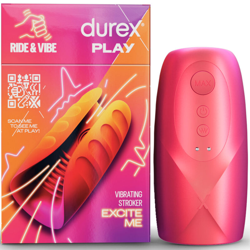 Durex Play vibrating stroker in pink packaging, titled 'Ride & Vibe.'