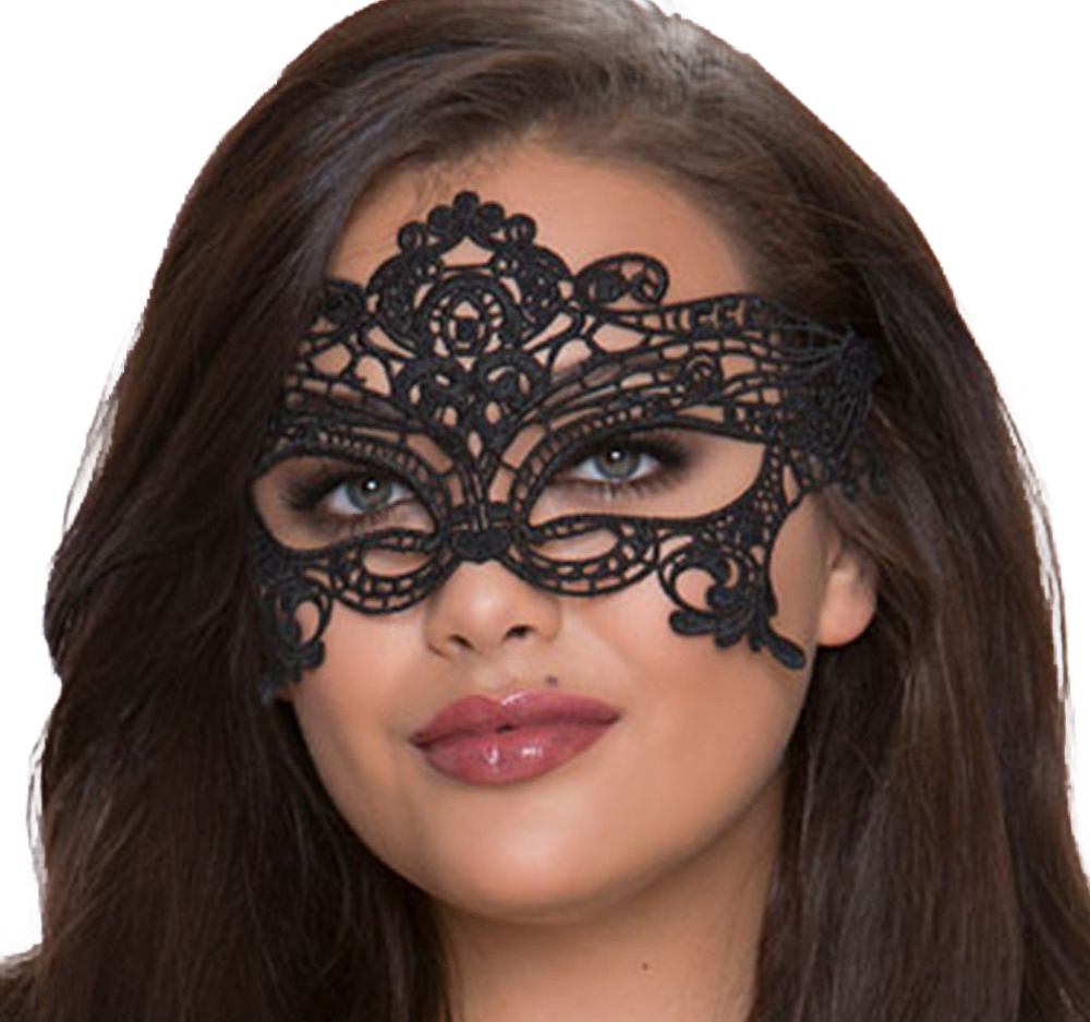 Woman wearing an elegant black lace eye mask with intricate design against a light background.