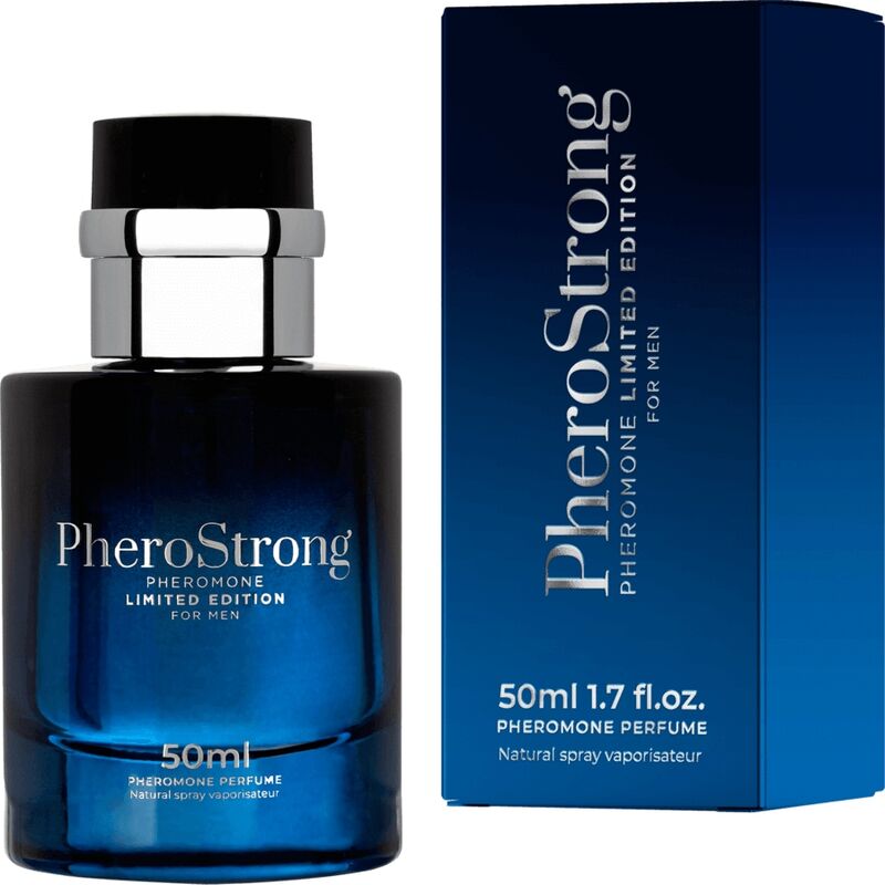 PheroStrong Pheromone Limited Edition perfume for men, 50ml bottle and packaging box.