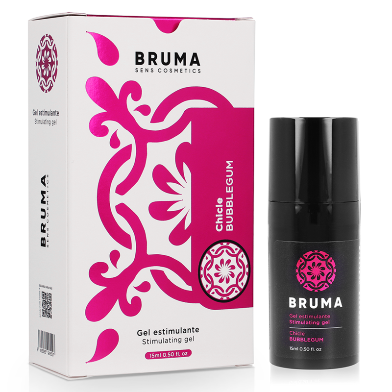 Bruma Sens Cosmetics bubblegum flavored stimulating gel packaging and bottle, enhancing intimate moments.
