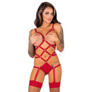 Red strappy lingerie set with matching garter straps and fishnet stockings, featuring a bold design and intricate detailing.