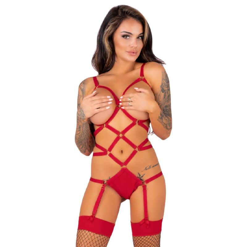 Red strappy lingerie set with matching garter straps and fishnet stockings, featuring a bold design and intricate detailing.