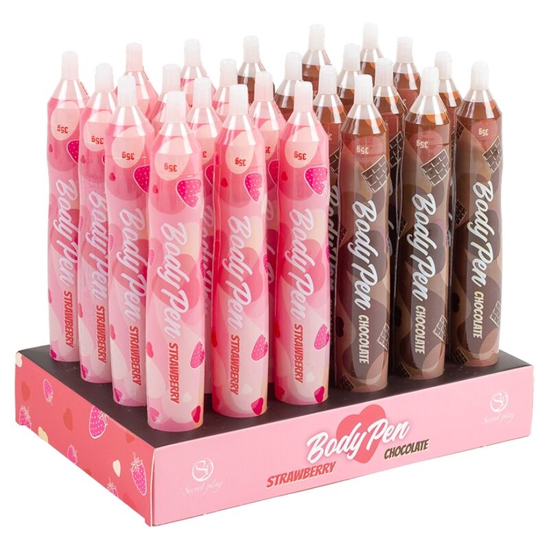 Display of edible body paint pens in strawberry and chocolate flavors, perfect for playful and romantic occasions.