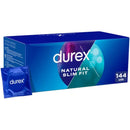 Durex Natural Slim Fit condom box, 144 count, featuring a blue design with a single condom packet.