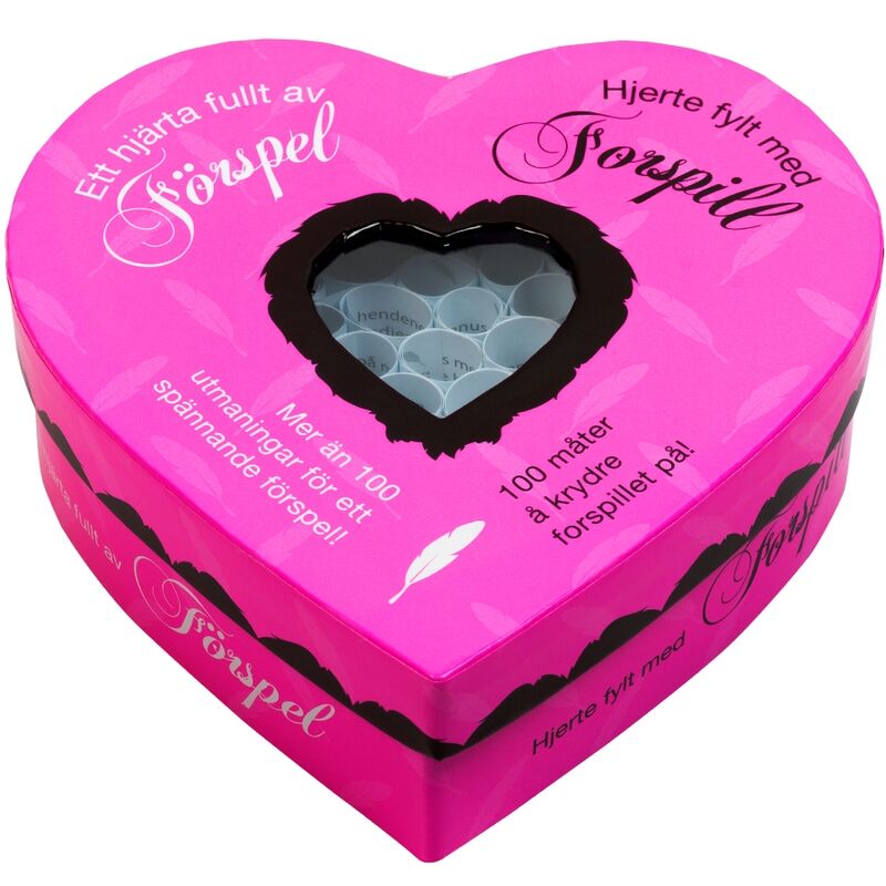 Heart-shaped game box for couples, pink packaging with text and feather design, designed for enhancing romantic experiences.