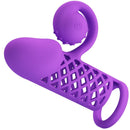 Purple penis cover with extension and textured design for enhanced pleasure, featuring flexible mesh structure and vibrating function.