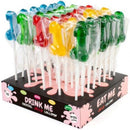 Colorful cocktail jelly lollipops in novelty shapes, displayed in a box labeled 'Drink Me Eat Me.'