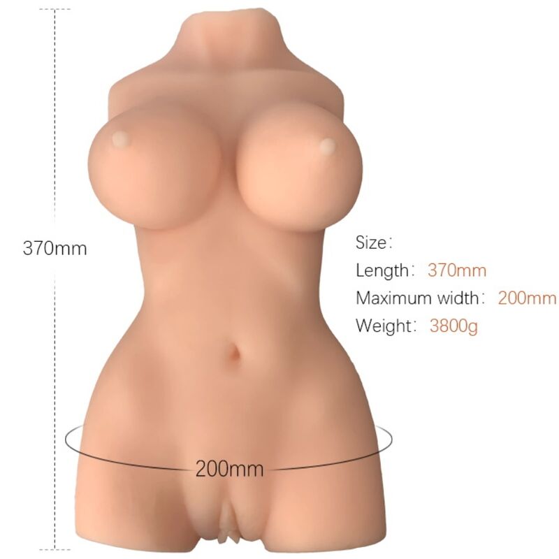 Real-size silicone doll torso with measurements: Height 370mm, Width 200mm, Weight 3800g, showcasing detailed design.