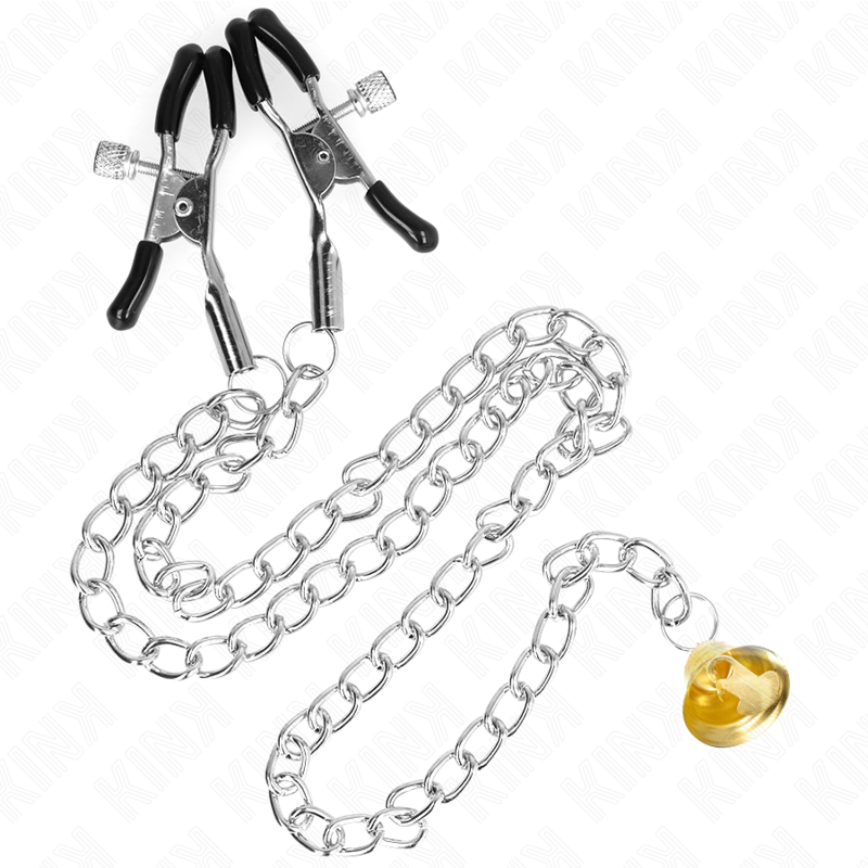 Silver BDSM chain with nipple clamps and gold lock accessory.