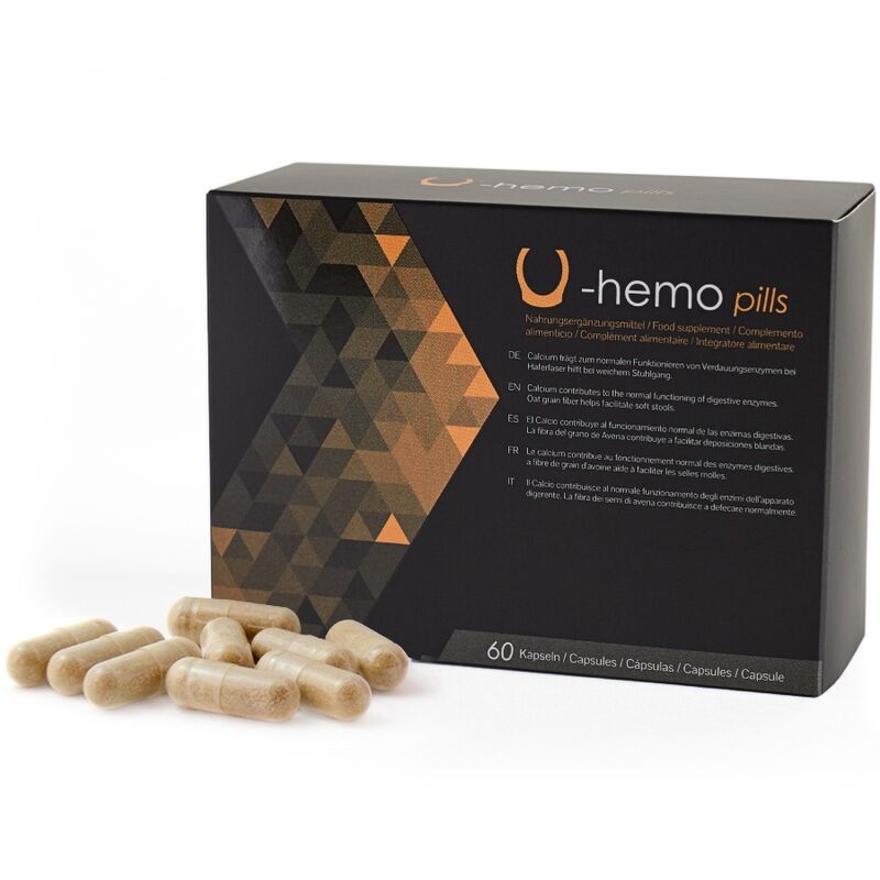 Box of U-hemo unisex pills with capsules in front, 60 count, featuring geometric design.