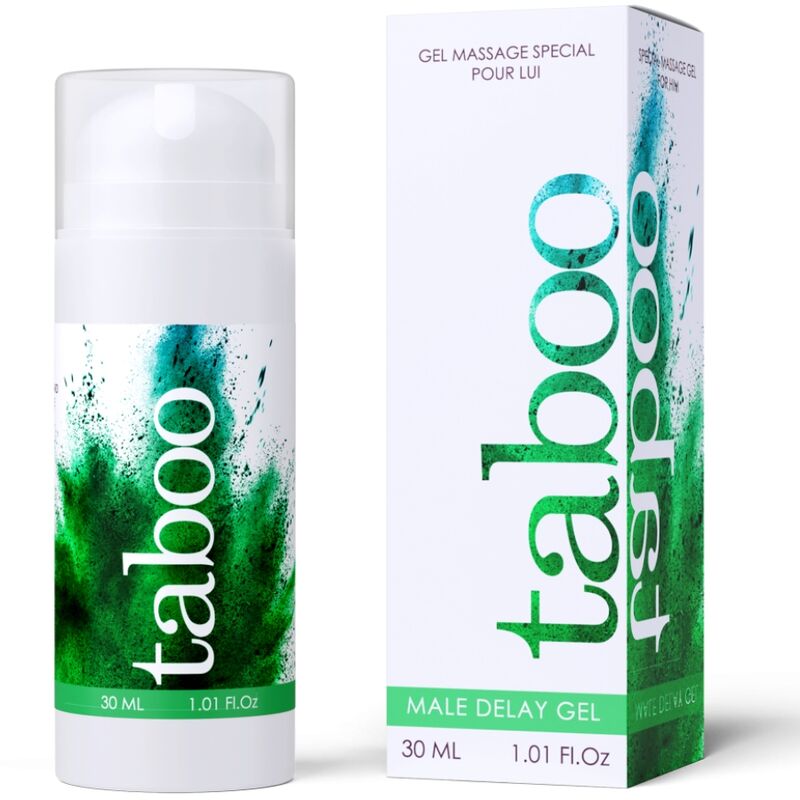 Taboo Male Delay Gel 30ml bottle and packaging with green and blue design, designed for massage and prolonging male performance.