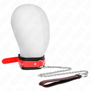 Red and black leather collar with chain leash displayed on a white mannequin head.