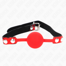 Red ball gag with adjustable black strap on a white background.