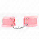 Pink fluffy handcuffs with chain link, suitable for roleplay and accessories. 