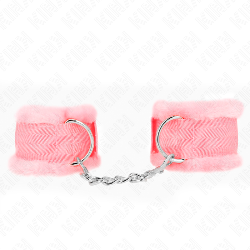 Pink fluffy handcuffs with chain link, suitable for roleplay and accessories. 