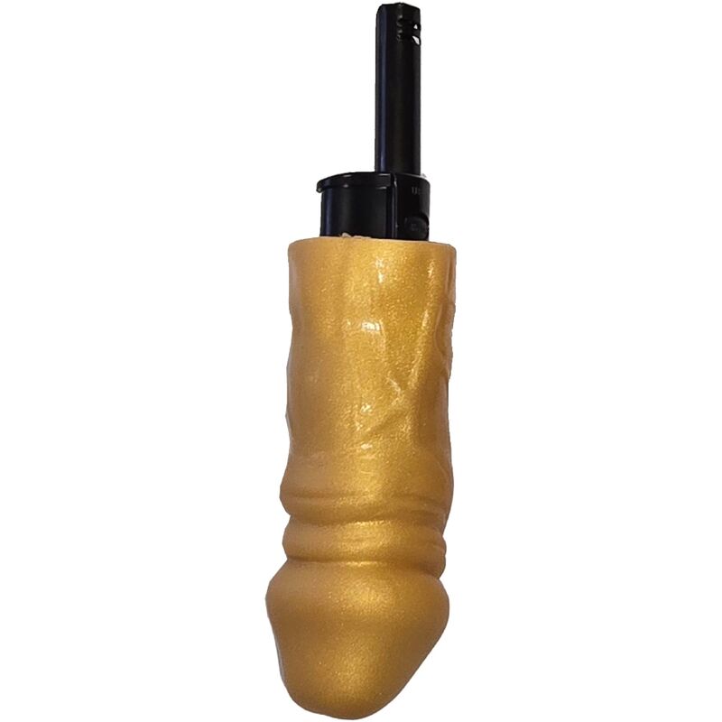 Gold novelty lighter with unique ergonomic design, featuring a black ignition switch.