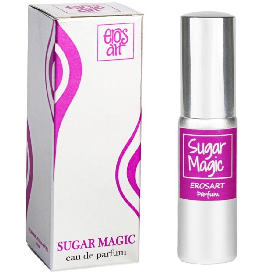 Sugar Magic eau de parfum by Erosart in purple packaging, women's perfume bottle and box.