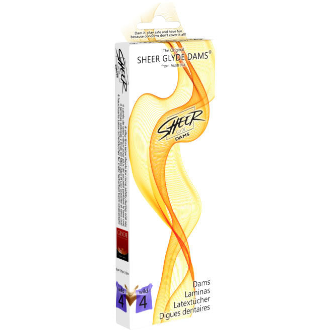 Sheer Glyde Dams package for oral sex protection, featuring a colorful design and text highlighting its latex material.